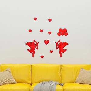 Red Cupid and hearts mirror acrylic wall stickers for creative bedroom home decor
