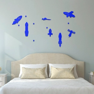Blue acrylic rocket and spacecraft wall stickers for kids bedroom DIY decor
