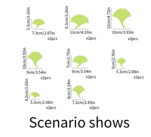 Size chart for luminous ginkgo leaf wall stickers showing 8 different dimensions and counts