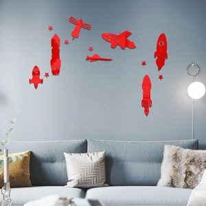 Space-themed red acrylic mirror wall stickers with rockets and stars for nursery decor