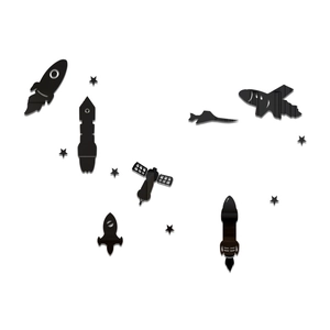 3D mirror space wall stickers featuring rockets and airplanes for nursery decoration