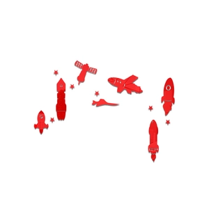 Detailed close-up of 3D red acrylic mirror wall stickers featuring rocket and space shuttle