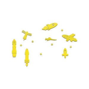 Detail view of yellow rocket and satellite acrylic wall stickers for children rooms
