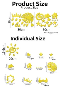 Detailed size chart for 3D acrylic mirror wall stickers featuring gold sun and leaf motifs