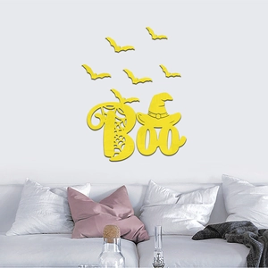 Detail showing 3D yellow acrylic mirror bat stickers and BOO wall decals for Halloween