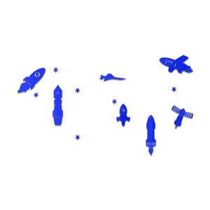 Blue acrylic space wall stickers set featuring rocket and satellite for nursery decor