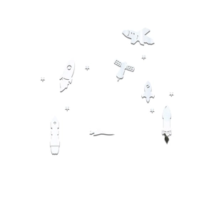 Detail of silver mirror wall stickers with rocket, satellite, and stars for kids' rooms
