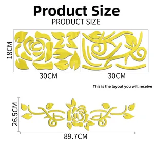 Detailed size chart showing dimensions for 3D mirror flower wall sticker layout