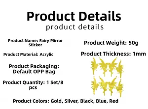 Macro detail of 3D acrylic mirror fairy wall stickers set with specifications in five colors