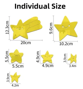 Detailed size guide for 3D star wall stickers with cute expressions on white background