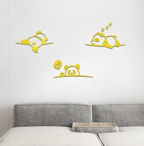 Three-piece set of bright yellow cute 3D acrylic panda wall stickers for home decor