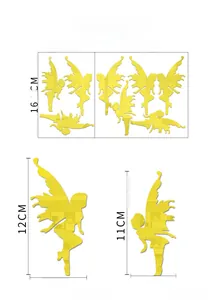 Detailed size guide for gold mirror acrylic fairy wall decals with multiple poses
