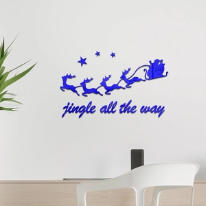 Adesivi murali 3D in acrilico blu con Babbo Natale, renne e scritta Jingle all the way