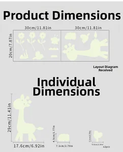 Glow in the dark wall stickers size chart with giraffe and bird dimensions in cm and inches