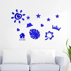 3D blue mirror acrylic wall sticker set with sun and heart shapes for home decor