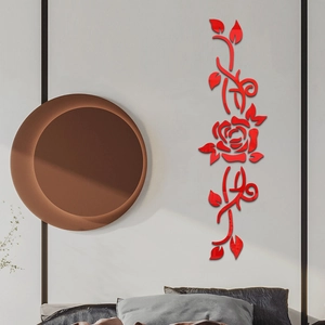 3D red rose mirror wall stickers with acrylic vine pattern for home wall decor