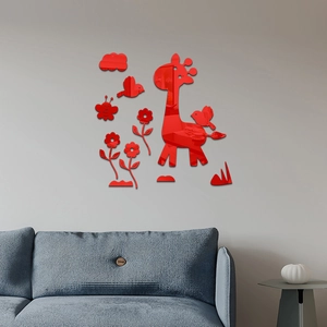 3D red acrylic mirror giraffe wall stickers set for children's room and living room decor