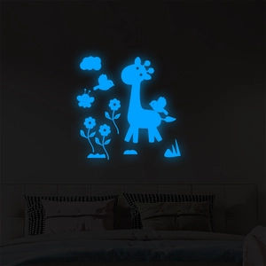 Glow in the dark wall stickers featuring blue fluorescent giraffe and animal nursery decals