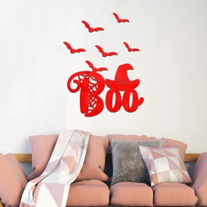 3D red mirror acrylic Halloween wall sticker with Boo letters, hat and bat decorations
