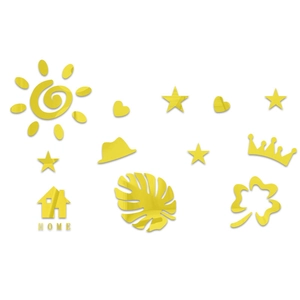 Detail of 3D gold acrylic mirror wall stickers featuring sun stars and Home house shapes