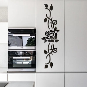 Close-up of 3D black acrylic wall stickers with mirror finish rose vine design