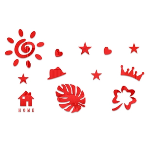 Detailed macro of red acrylic 3D mirror wall stickers showing diverse decorative shapes