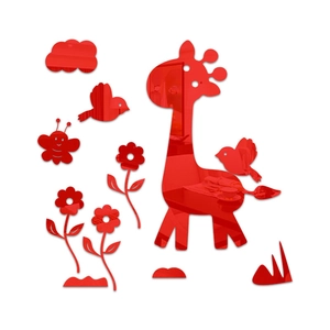 Detail view of 3D acrylic mirror wall stickers featuring red giraffe and animal shapes