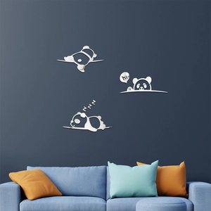 3D acrylic panda mirror wall stickers featuring sleeping and waving poses for living rooms