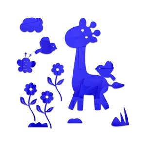 Detail view of blue mirror acrylic wall stickers featuring giraffe and nature motifs