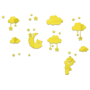 Détail de stickers muraux 3D miroir jaune acrylique avec nuages, étoiles et lune