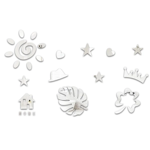 3D acrylic mirror wall stickers set including sun stars heart and HOME house shapes