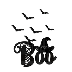 3D Halloween mirror acrylic wall stickers with black bats and Boo wizard hat design