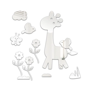 Macro detail of giraffe and bird acrylic mirror wall stickers showing high gloss reflections