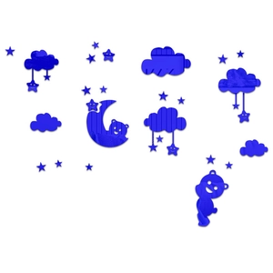 Détail d'un ensemble de stickers muraux 3D en acrylique bleu avec nuages, lune et étoiles
