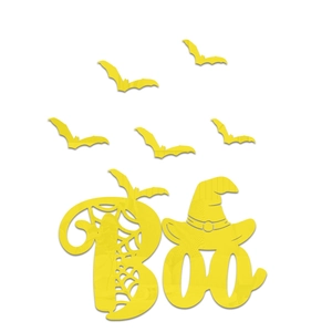Macro detail of yellow mirror acrylic Halloween wall stickers with BOO and bats design