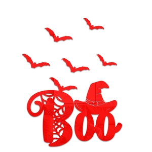 Macro view of 3D red mirrored Halloween wall stickers featuring Boo text and 5 bats