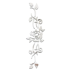 Detailed macro of silver mirror acrylic wall sticker featuring rose and vine pattern