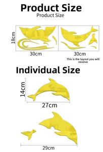 Detailed size chart for yellow 3D dolphin mirror wall stickers with dimensions