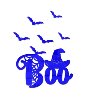 Blue mirror acrylic Halloween wall decor with Boo lettering and bat silhouettes
