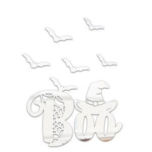 Detailed mirror acrylic Boo wall stickers with bat decals for Halloween wall decoration
