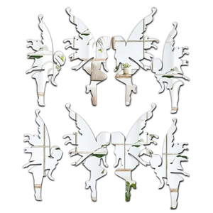 Detailed view of silver fairy 3D mirror wall stickers with reflective butterfly wings