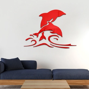3D red mirror dolphin wall stickers in acrylic for modern home living room decor
