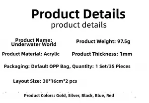 Specifications of 3D acrylic ocean wall stickers set with material and size details