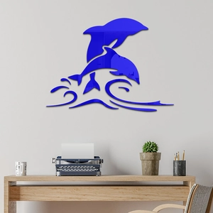 Blue 3D dolphin acrylic mirror wall stickers for home decor on a gray wall