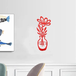 3D red acrylic floral wall sticker with a minimalist flower vase design for living room decor