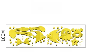 Detailed size chart for yellow acrylic 3D wall stickers featuring marine sea creatures