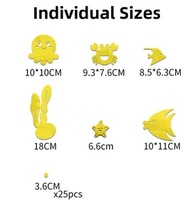 Detailed dimensions of 3D yellow sea animal wall stickers including octopus and starfish