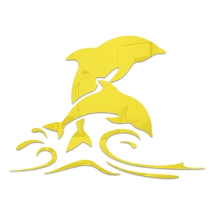 Macro detail of yellow 3D dolphin mirror wall stickers with reflective acrylic surface