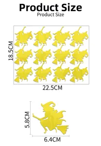 Detailed dimension guide for 3D acrylic mirror wall stickers with Halloween witch design