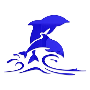 Detail of 3D mirror dolphin wall stickers in blue acrylic for living room decor